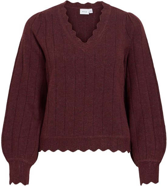 Bordeauxrode VILA gebreide trui met V-hals, verticale ribbels en geschulpte boorden.