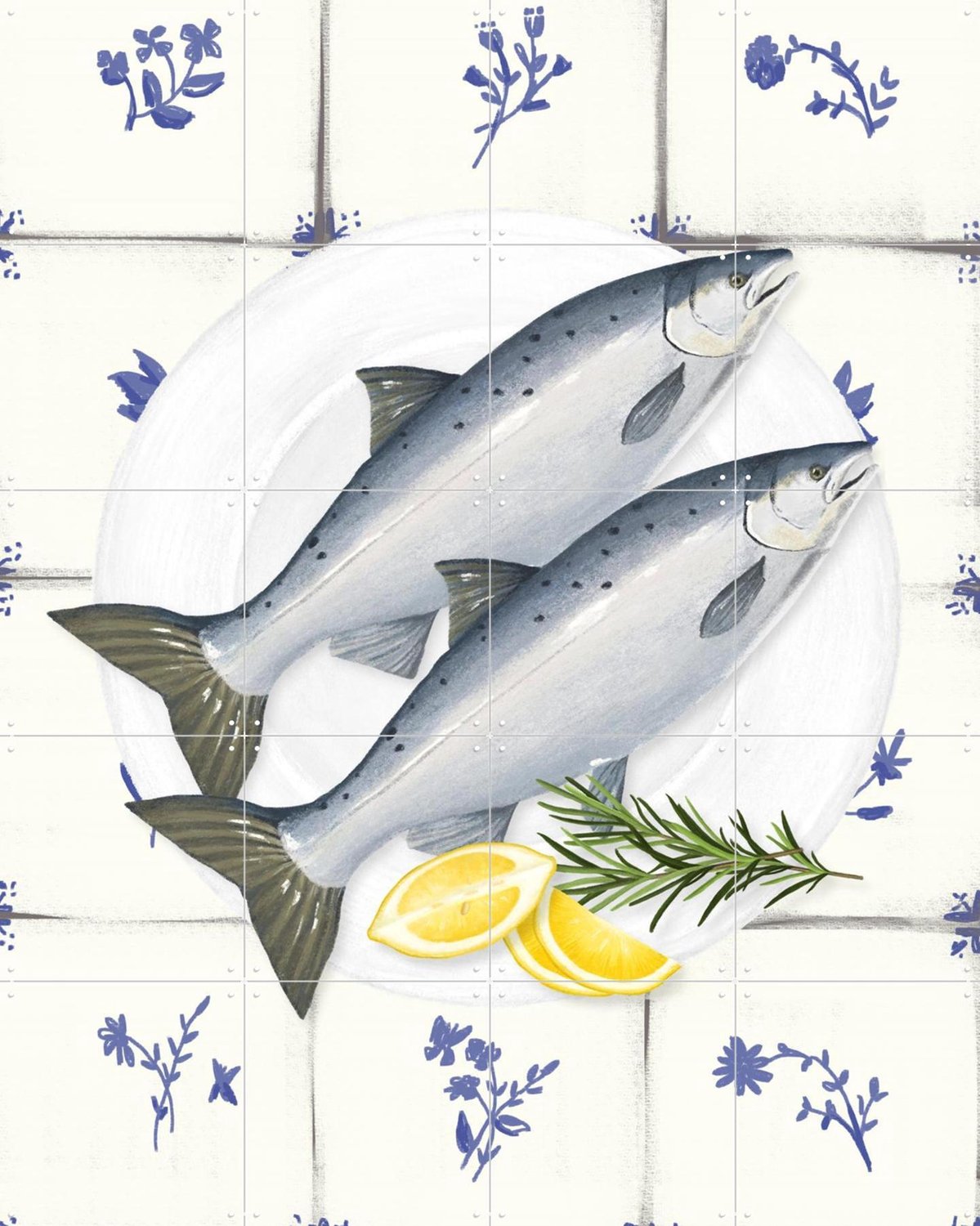 IXXI The Fish Dish, Marja van den Hurk - 80 x 100 cm - Grote wanddecoratie en posters - Tekeningen, Eetkamer, Keuken, Vissen, Zeevruchten Blauw