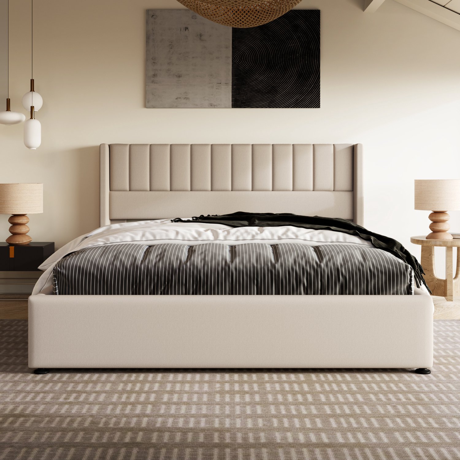 Yelenaro Gestoffeerd bed 160x200 cm met Hydraulisch Opbergruimte, Linnen Tweepersoons bed met Hoofdeinde, Bedombouw met Lattenbodem, Beige