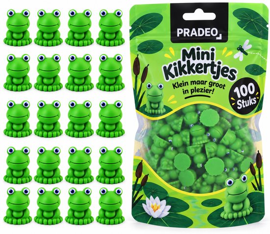 Verpakking met 100 kleine groene kikkertjes naast een rij van 20 losse kikkertjes.
