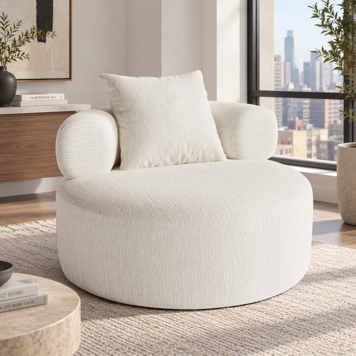 OKWISH Zitzak 100 x 100 x 65 cm - Ronde Loungestoel met Rugleuning en Kussen - Voor Woonkamer en Slaapkamer - Chenille - Beige