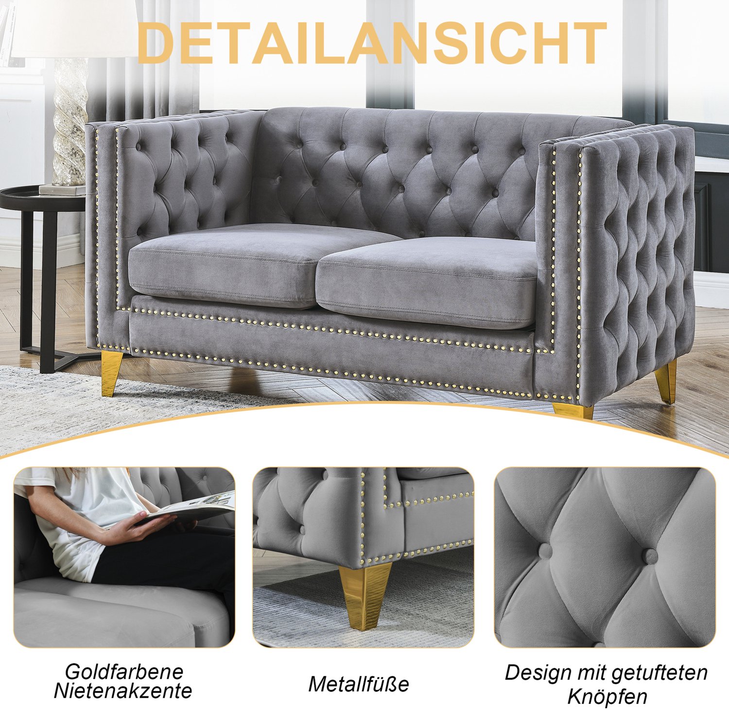 OKWISH Chesterfield Bank 2-Zits - Gecapitonneerd met Siernagels en Goudkleurige Metalen Poten - Woonkamer en Slaapkamer - Fluweel - Grijs
