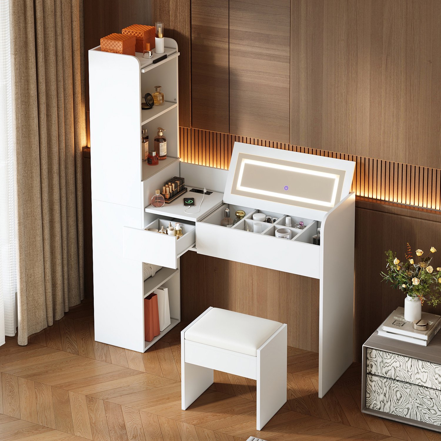 VVBV Kaptafel met Spiegel en Verlichting 131x40x160 cm – Lades, Opbergruimte, LED-Verlichting, USB, Tot 150 kg – Kaptafel Kruk – Houtcomposiet – Wit