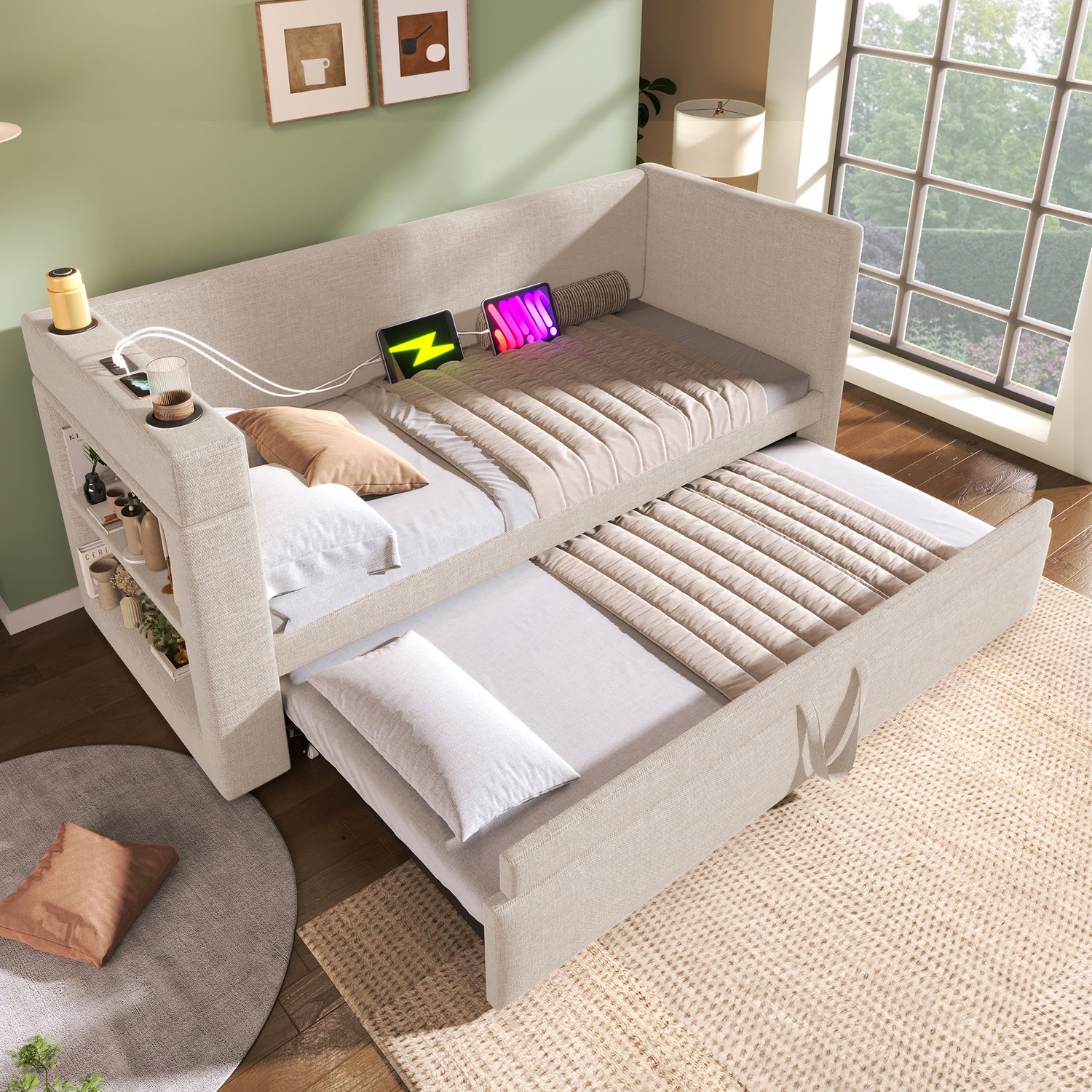 MUVANO Beige slaapbank 90x190 cm met onderschuifbed - Eenpersoonsbed - USB en USB-C - Katoen-linnen bekleding - Bekerhouders - Voor woon- en logeerkamer
