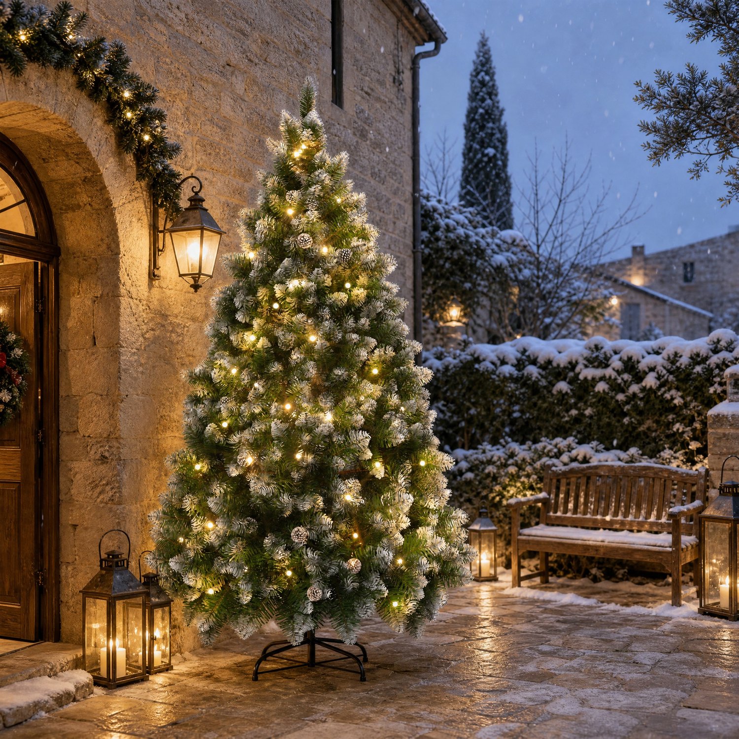 210cm Kunstkerstboom met lichtgevende groene PVC met sneeuweffect & dennenappels LED PVC kerstboom dennenboom decoratieve boom met standaard Kerstversiering voor kerstversiering – foto 4