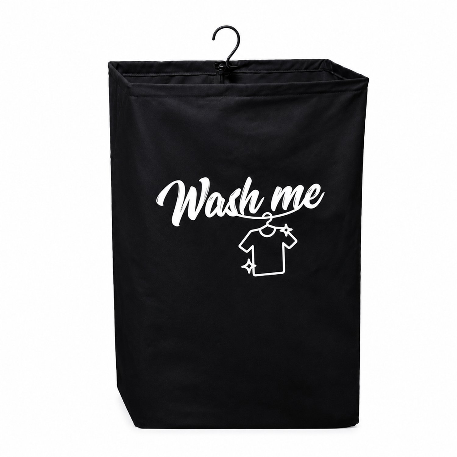 Hangende waszak van puur katoenen canvas, 41 x 15 x 68 cm, zwart met witte print, met haak, afneembaar en wasbaar