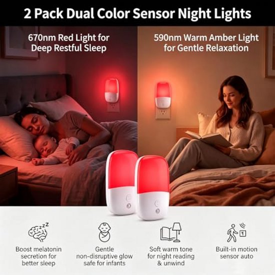 Ryoudavell - Nachtlampje Stopcontact Set van 2, Dimbaar Rood en Warm Amber LED Nachtlicht met Lichtsensor, Auto Aan/Uit, 0.5W, Inklapbare EU-stekker - voor Slaapkamer, Babykamer, Gang, Overloop, Badkamer — afbeelding 2