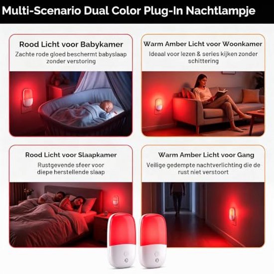 Ryoudavell - Nachtlampje Stopcontact Set van 2, Dimbaar Rood en Warm Amber LED Nachtlicht met Lichtsensor, Auto Aan/Uit, 0.5W, Inklapbare EU-stekker - voor Slaapkamer, Babykamer, Gang, Overloop, Badkamer — afbeelding 5