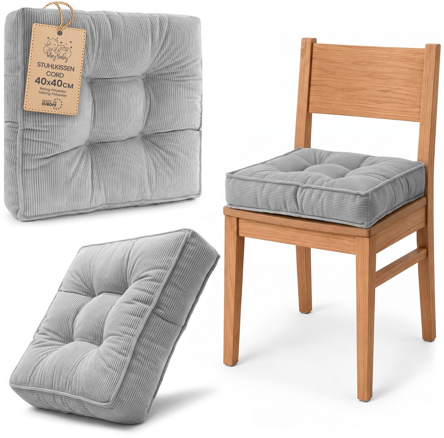 Amazinggirl Zitkussen voor Eetkamerstoel en Keukenstoel Vierkant Zacht Lichtgrijs Corduroy (1 stuk)