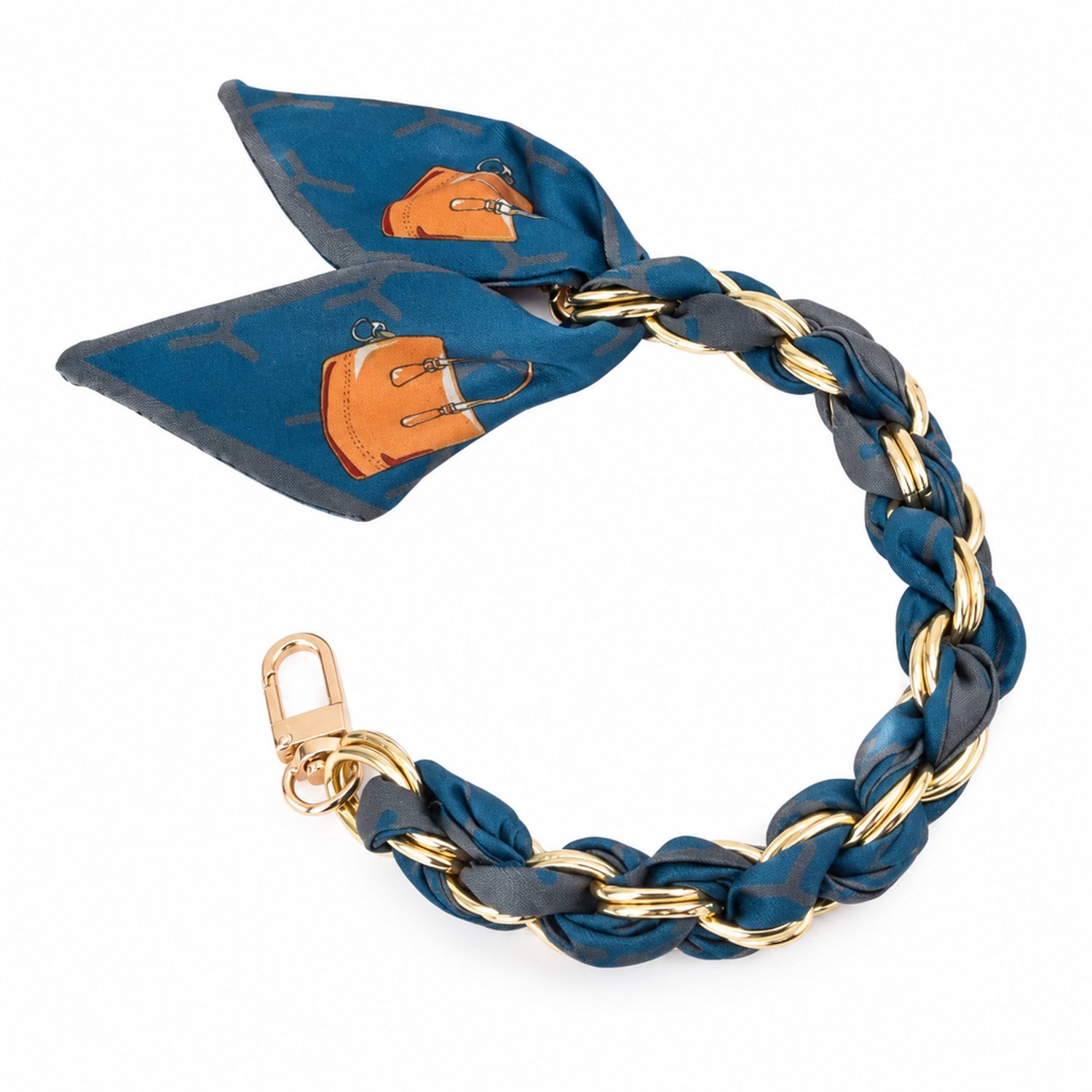 Telefoonkoord 32 cm grijsgroen - korte polsketting met gevlochten polyester sjaalband, schakels van legering en metalen clip - los verpakt