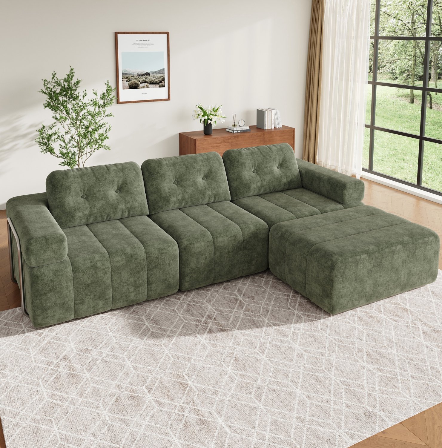 FloraGrace Hoekbank 258 x 165 x 79 cm - Modulair met Slaapfunctie en Voetenbank - Voor Woonkamer en Logeerkamer - Chenille - Groen