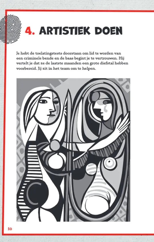 Pagina 10, '4. Artistiek doen': zwart-wit cubistische illustratie van een vrouw die in een spiegel kijkt.