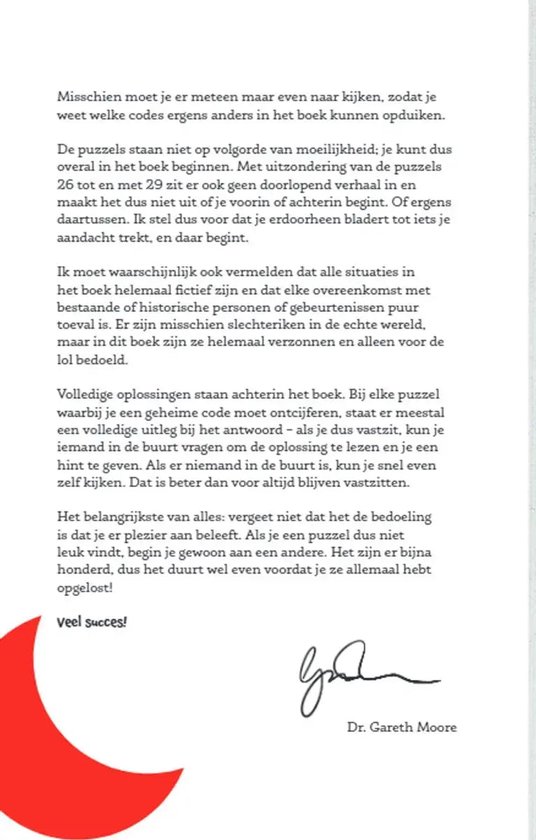 Informatiepagina met tekst over puzzelinstructies, ondertekend door Dr. Gareth Moore met een rode halve maan.