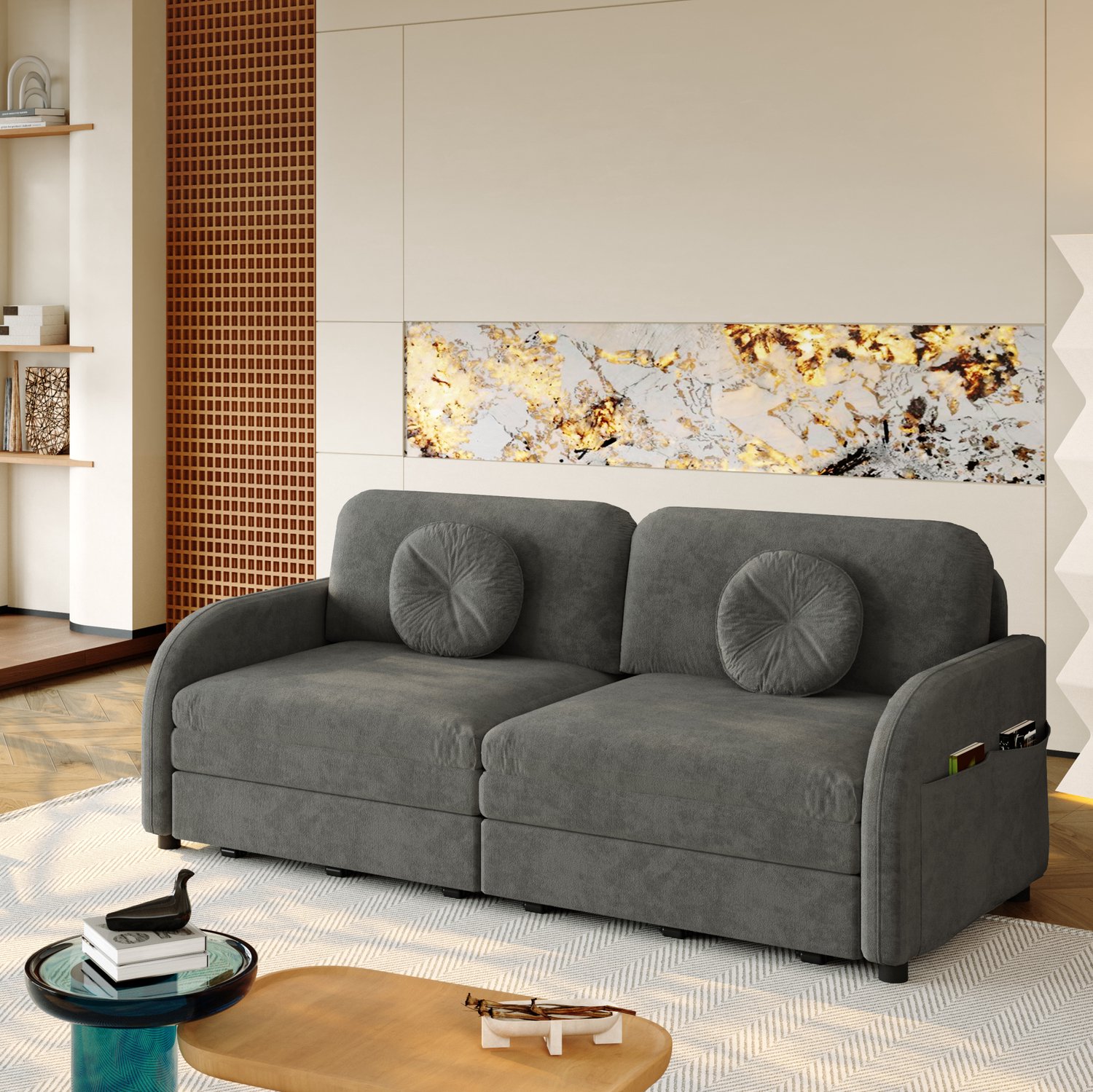 MODENUIT Slaapbank 166 x 84 x 90 cm - Uittrekbaar 2-Zits met Zijvakken - Woonkamer - Chenille - Grijs