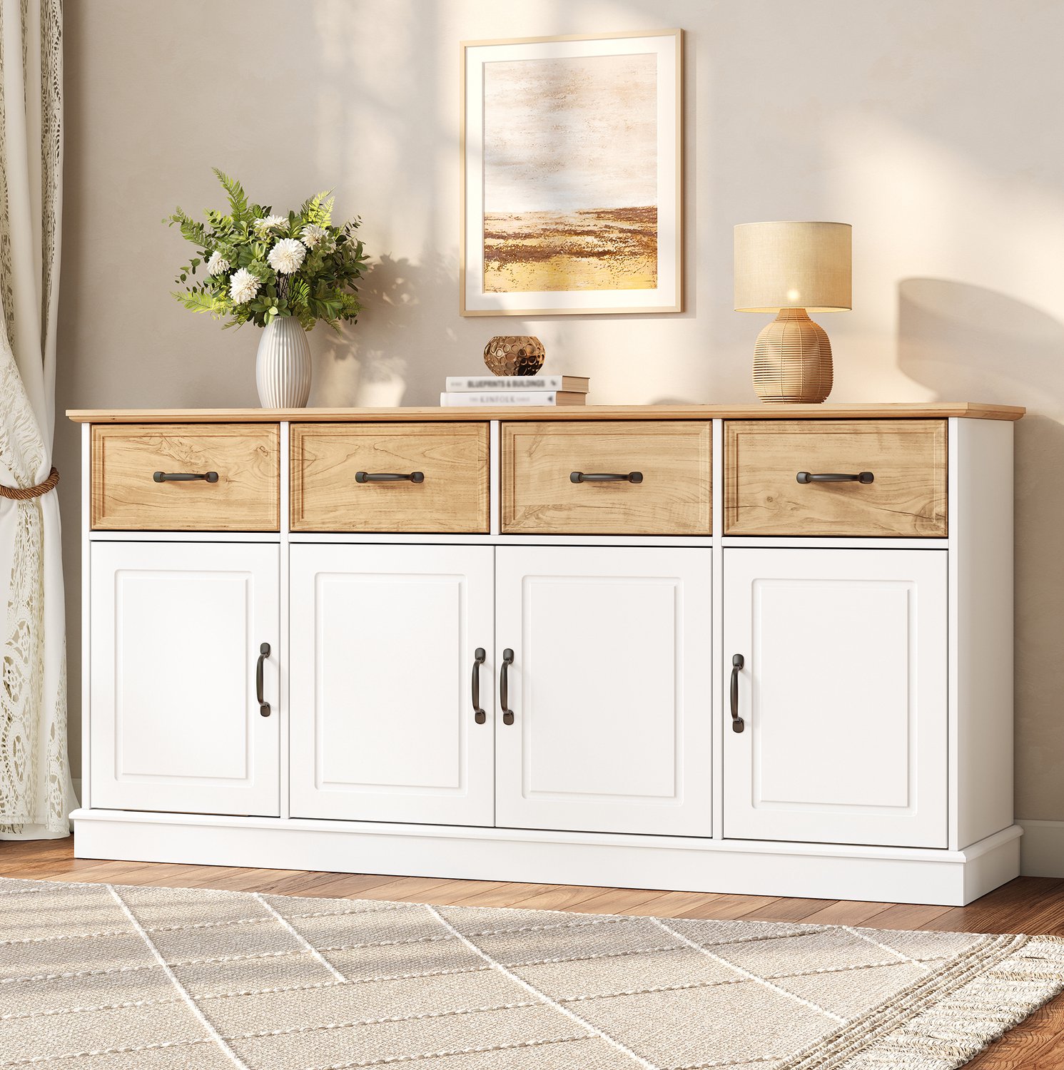 MIVRAY Dressoir - 4 Laden en 4 Deuren - Verstelbare Legplanken voor Woonkamer en Eetkamer - MDF - Wit en Houtkleur - 160x40x78 Cm Wit en licht houtkleurig