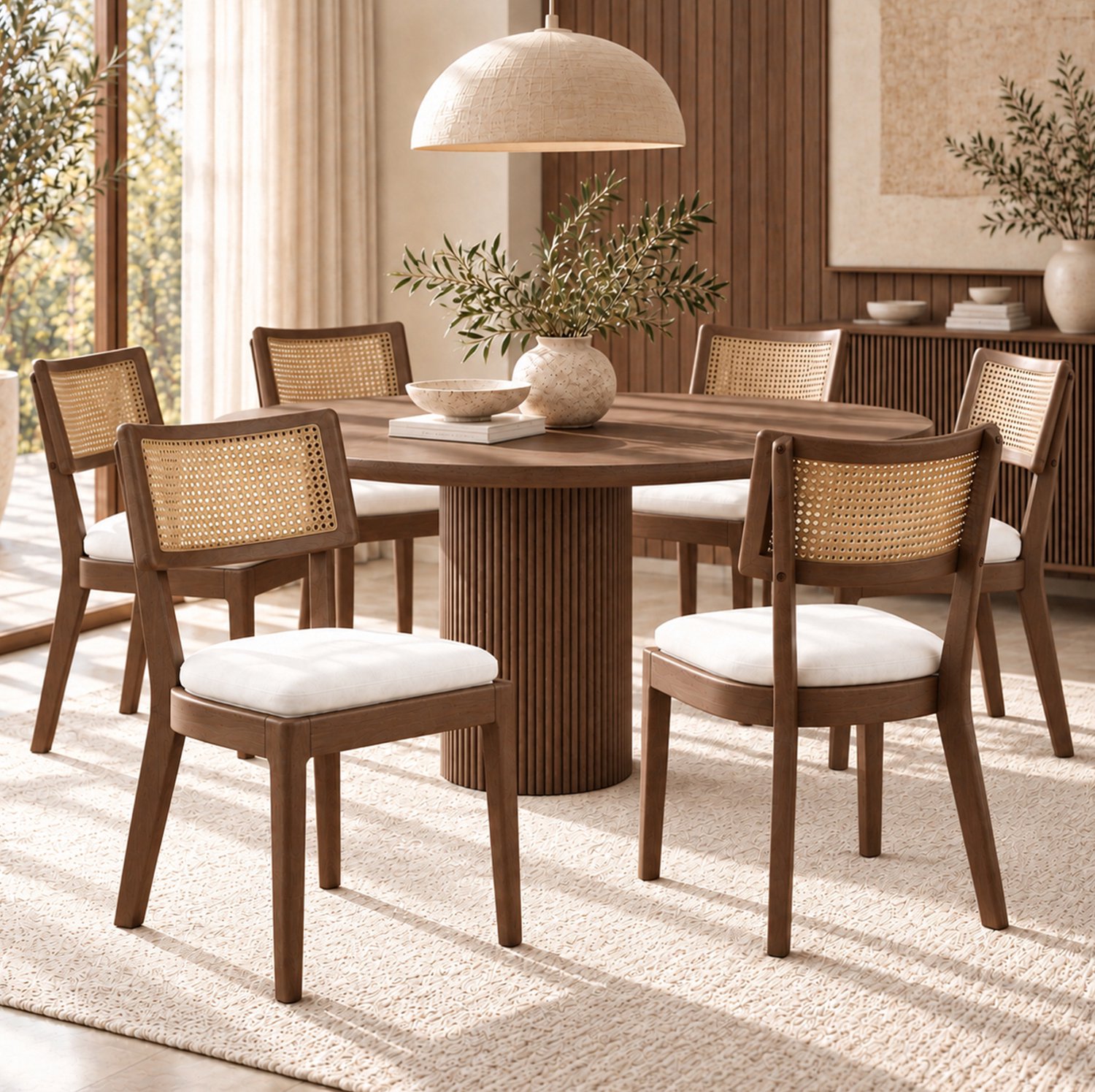 DESMIU Eetkamerstoelen 50 x 58 x 88 cm - Set van 6 met Rotan Rugleuning en Linnen Zitkussen - Voor Eetkamer - Hout - Walnootkleurig en Beige