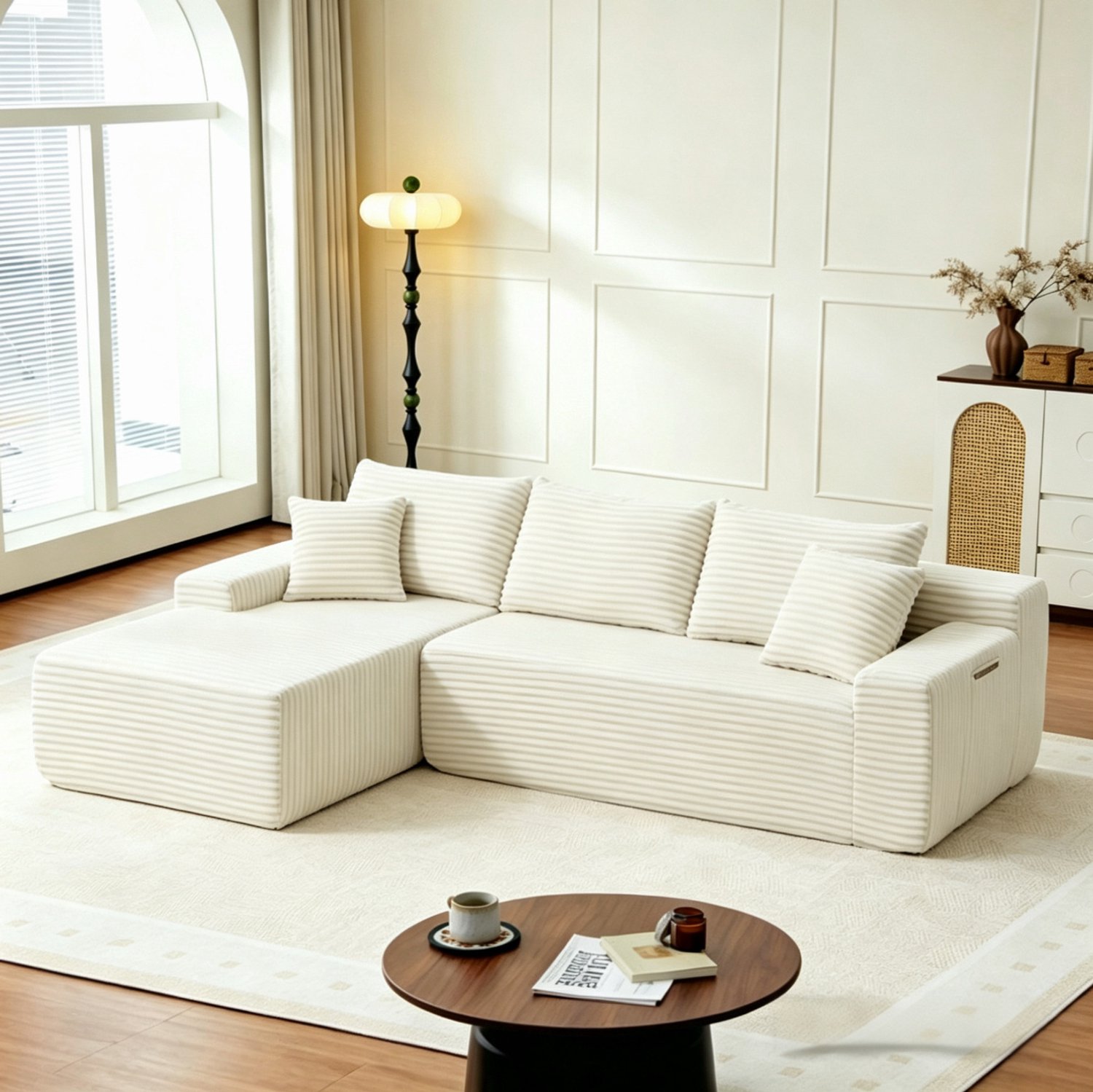 MODENUIT Hoekbank 239 x 79 cm - Modulair met Linker Hoek - Voor Woonkamer en Slaapkamer - Cord - Beige