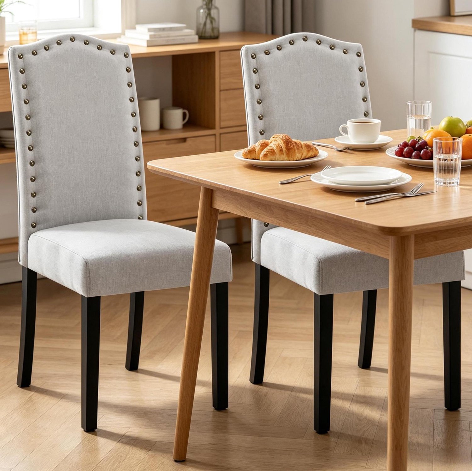 MODFU Eetkamerstoelen Set Van 2 - Hoge Rugleuning - Gestoffeerd - Hout - Lichtgrijs