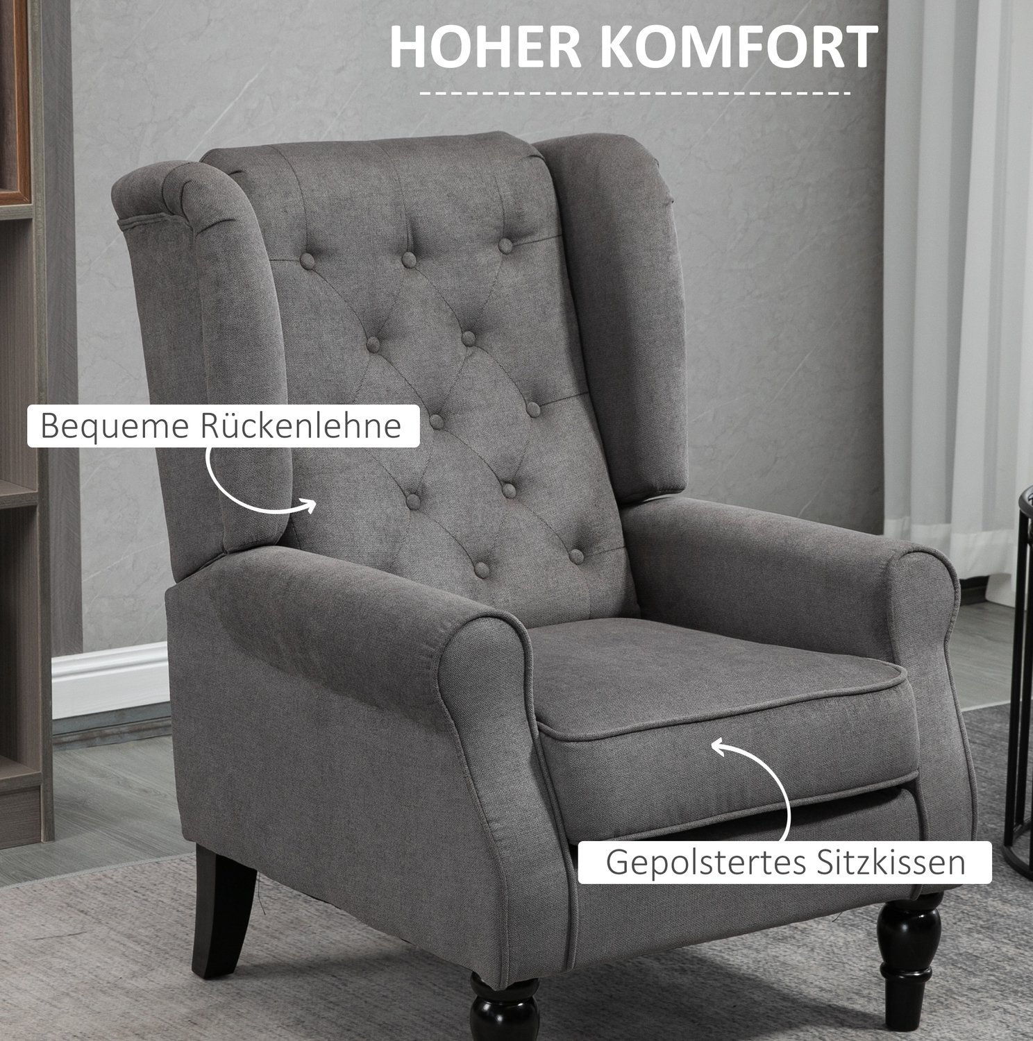 DESMIU Fauteuil 74 x 86 x 102 cm - Oorfauteuil Met Geknoopte Rugleuning - Voor Woonkamer En Slaapkamer - Polyester - Donkergrijs