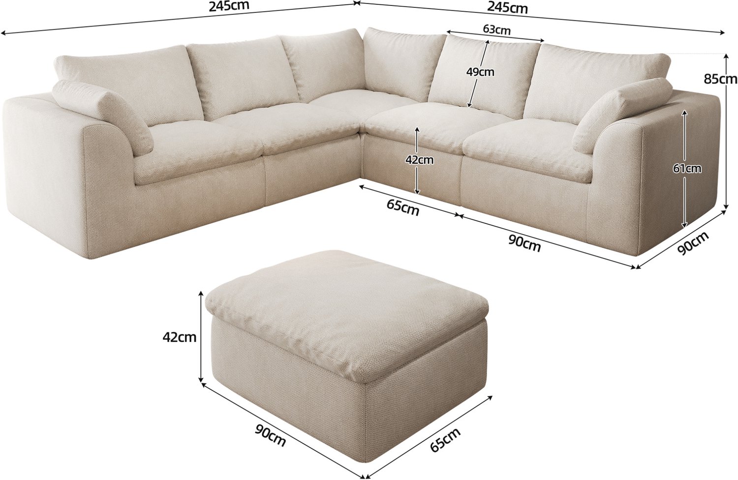 MODENUIT Hoekbank 245 x 245 x 83 cm - 6 Zitplaatsen - Compressieverpakt - Woonkamer - Linnen - Beige Wit