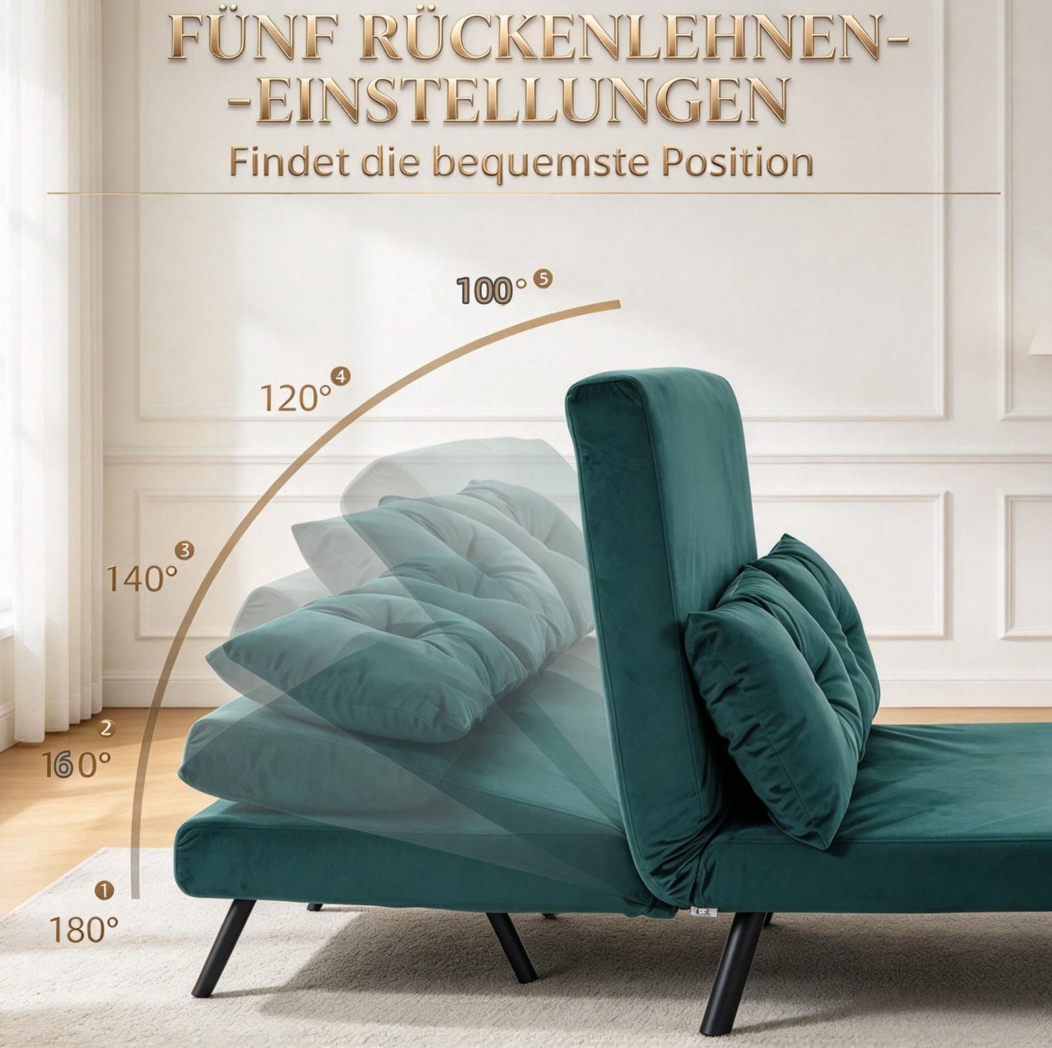 MODENUIT Slaapbank 102 x 73 x 81 cm - 2-Zits Met Verstelbare Rugleuning - Voor Woonkamer - Fluweel - Groen