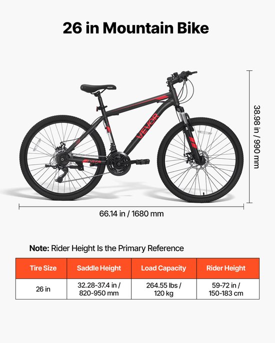 VEVOR Mountainbike voor Dames en Heren, 26 inch, 21 Versnellingen, Zwart/Rood, Ideaal voor Volwassenen, Frame van Koolstofstaal, met Geveerde Voorvork, Draagvermogen van 120 Kg, Bel, Reflectoren en Verstelbaar Zadel — afbeelding 3