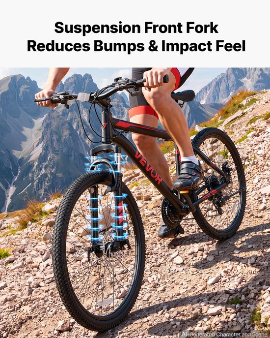 VEVOR Mountainbike voor Dames en Heren, 26 inch, 21 Versnellingen, Zwart/Rood, Ideaal voor Volwassenen, Frame van Koolstofstaal, met Geveerde Voorvork, Draagvermogen van 120 Kg, Bel, Reflectoren en Verstelbaar Zadel — afbeelding 4