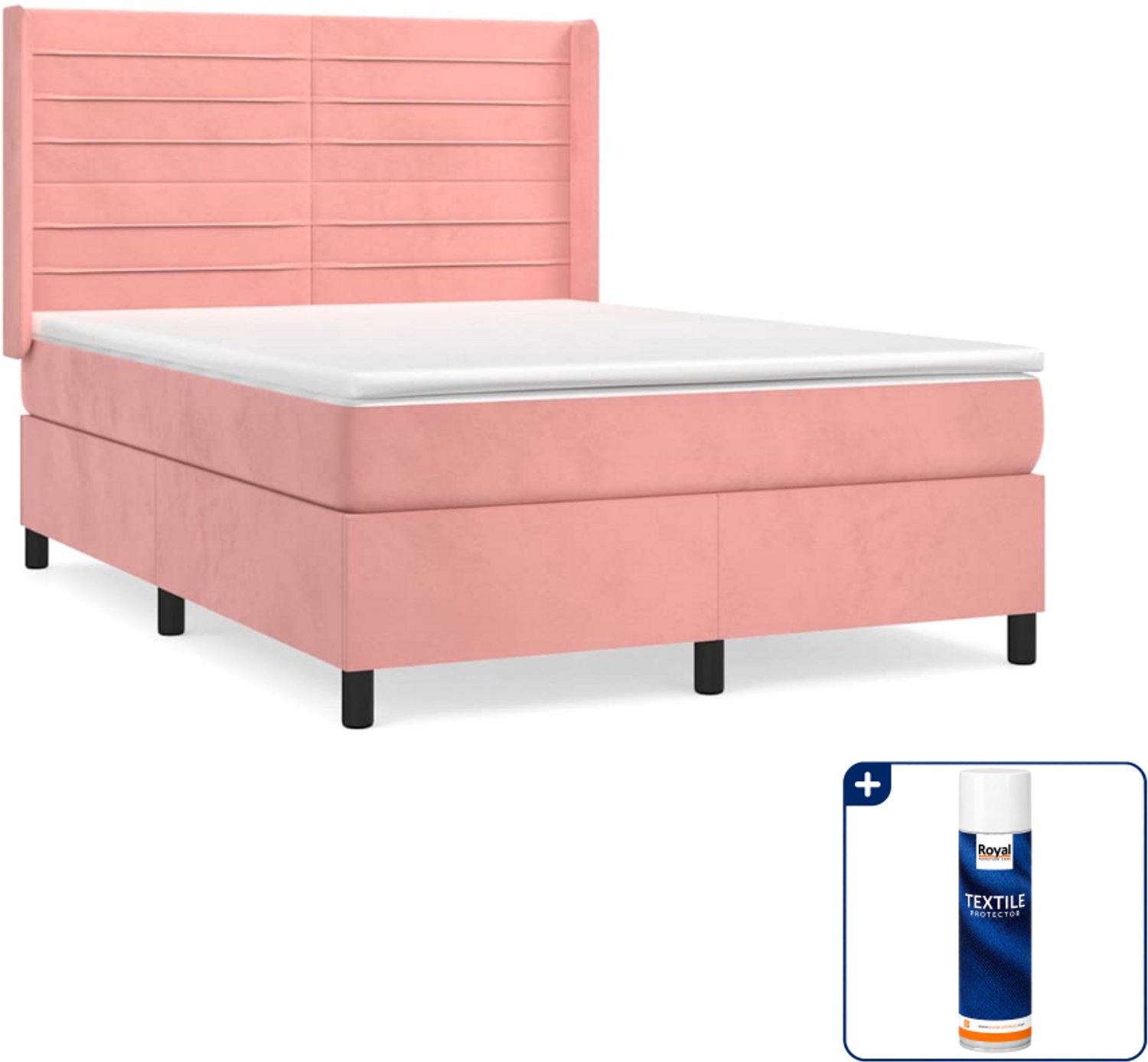 vidaXL boxspring met matras 140 x 190 cm - fluweel - roze - Inclusief textielbeschermer 500 ml
