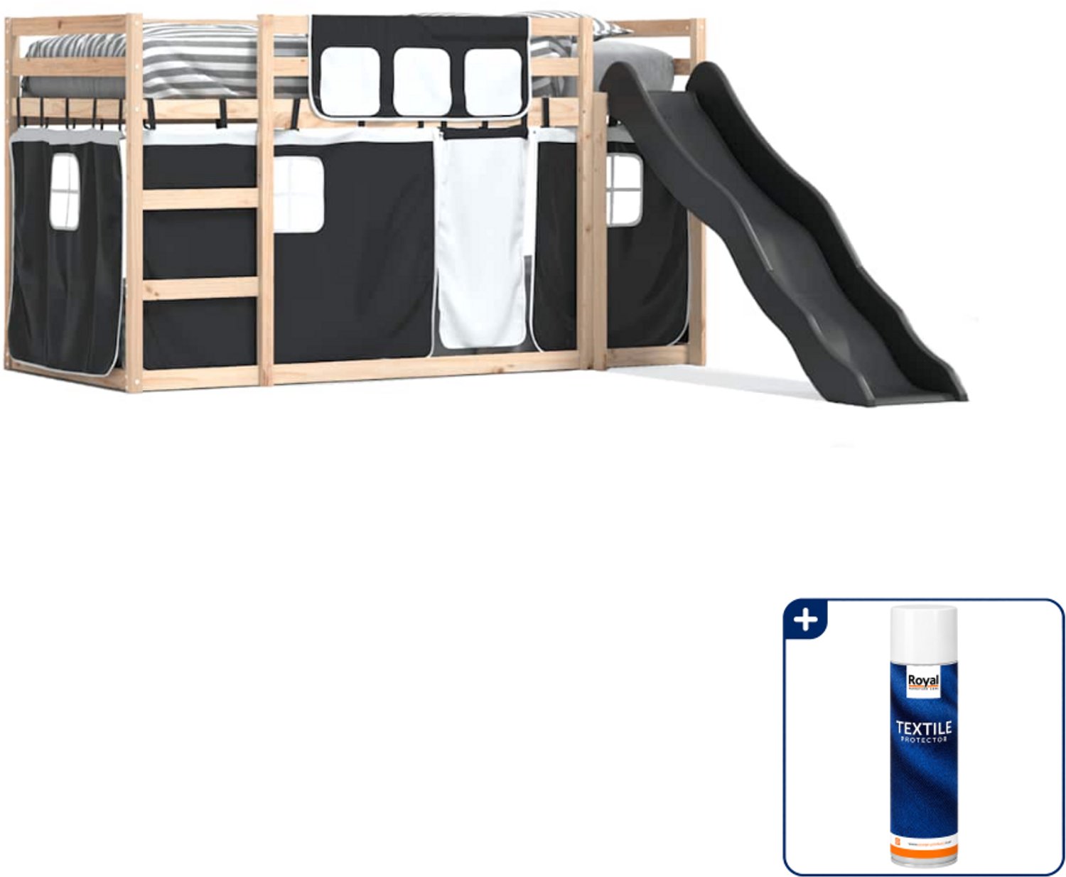 vidaXL stapelbed met glijbaan en gordijnen - 80 x 200 cm - wit/zwart - Inclusief textielbeschermer 500 ml Bruin