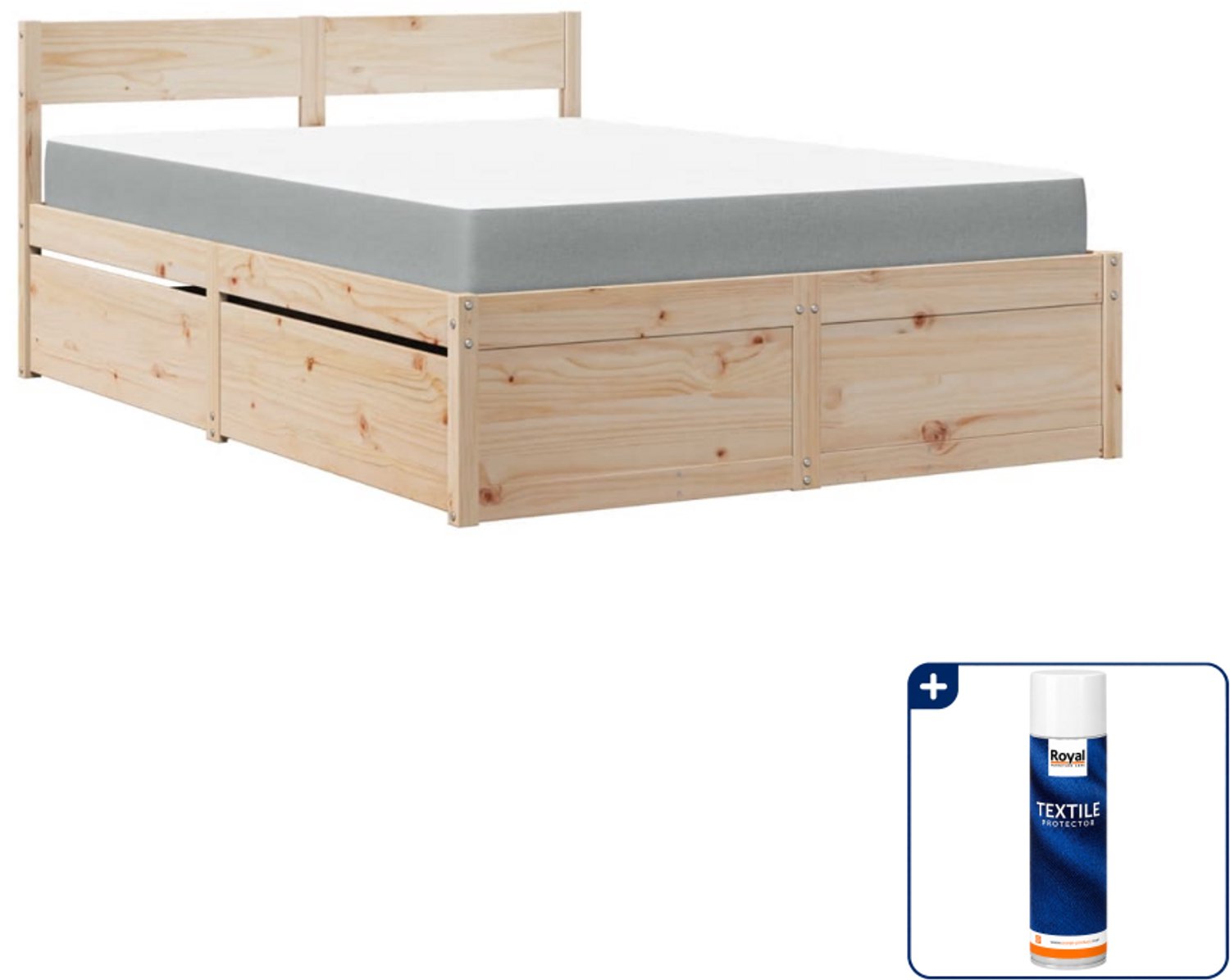 vidaXL bed met lades en matras - 140 x 190 cm - massief grenenhout - Inclusief textielbeschermer 500 ml Bruin