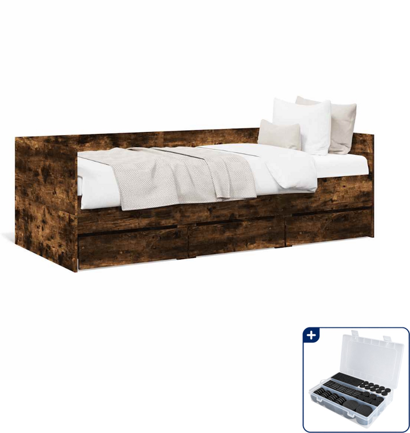 vidaXL slaapbank met lades - 100 x 200 cm - bewerkt hout - gerookt eiken - Inclusief antikrasvilt 177-delig Bruin