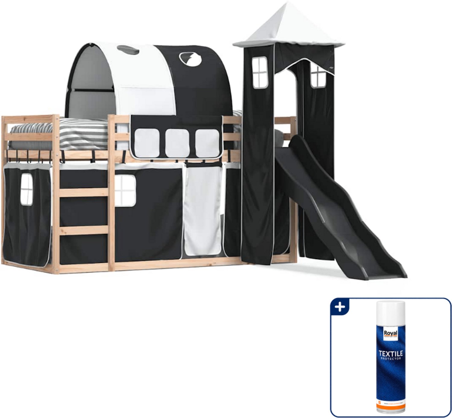 vidaXL stapelbed met glijbaan - 80 x 200 cm - wit en zwart - Inclusief textielbeschermer 500 ml