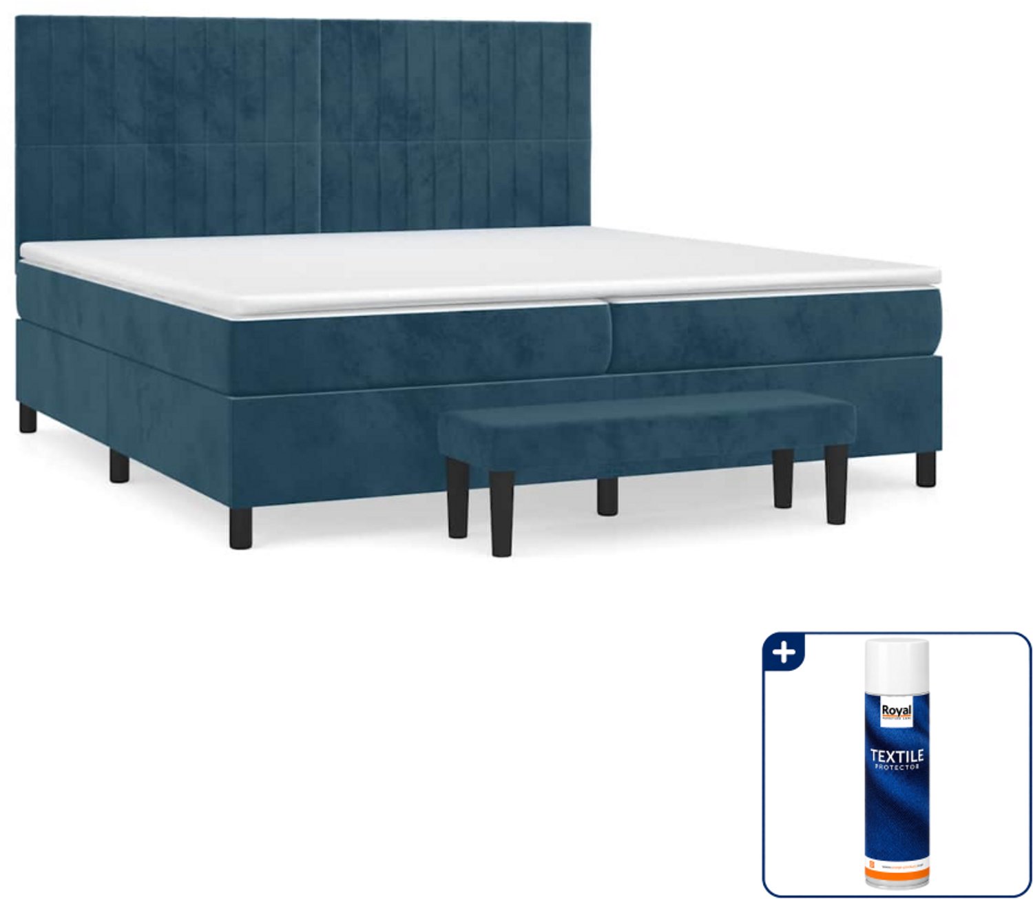 vidaXL Boxspring met matras en bankje - Super kingsize - 200x200 - donkerblauw - Inclusief textielbeschermer 500 ml
