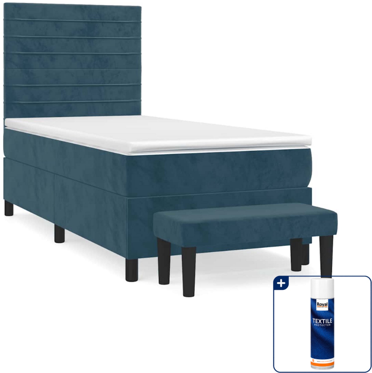vidaXL boxspring met matras en bankje - 90 x 200 cm - donkerblauw - Inclusief textielbeschermer 500 ml