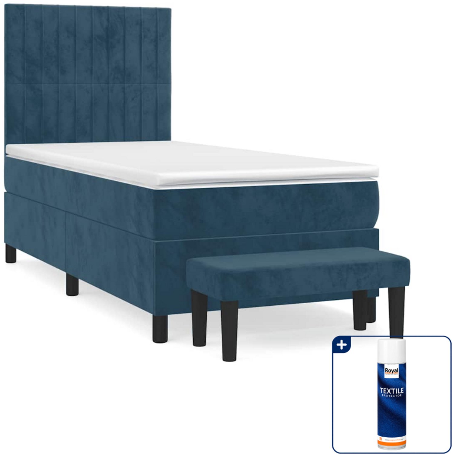 vidaXL boxspring met matras en bankje - 100 x 200 cm - fluweel - donkerblauw - Inclusief textielbeschermer 500 ml