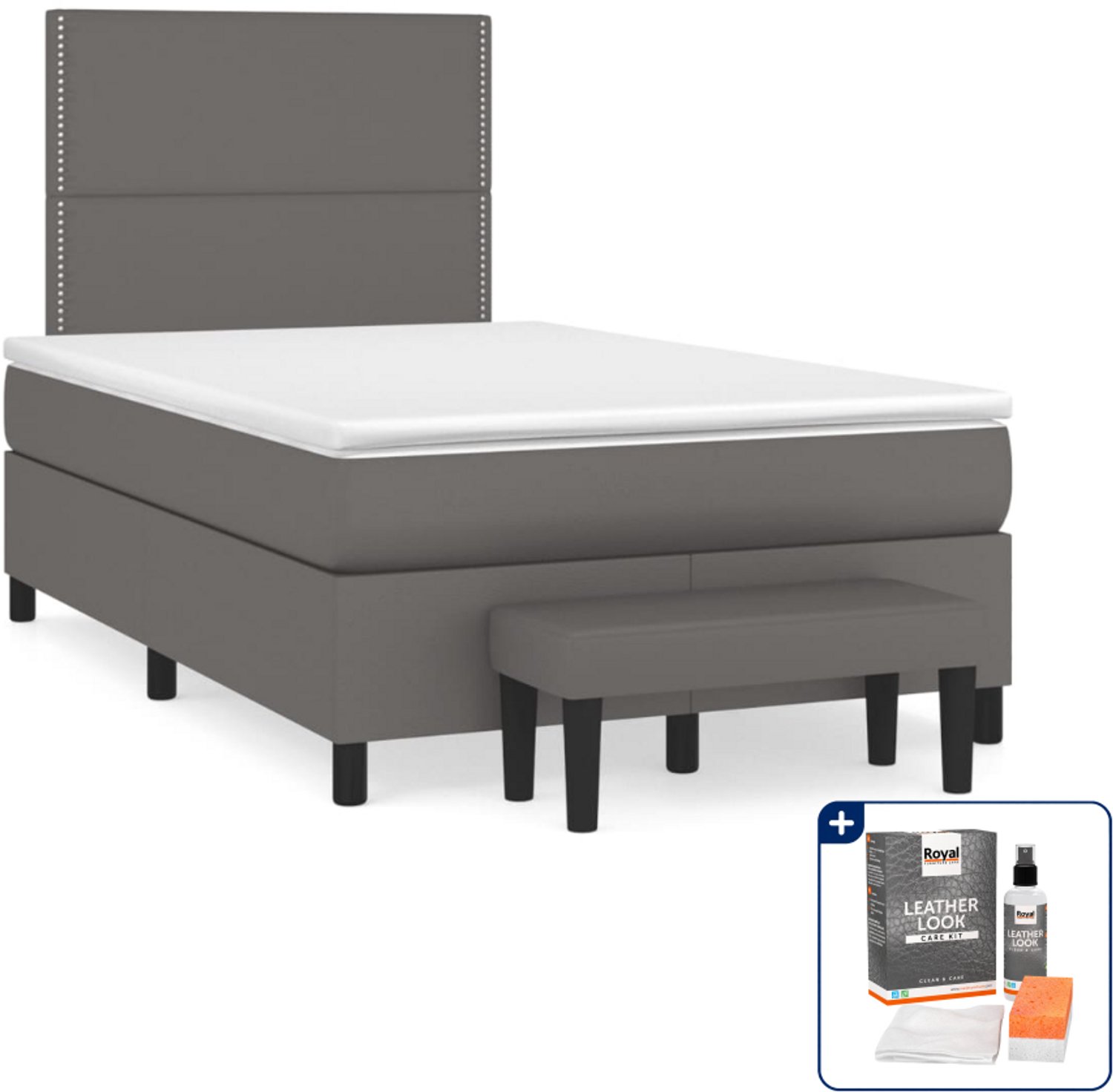 vidaXL boxspring met matras en bank - 120 x 200 cm - grijs - Inclusief onderhoudsset voor kunstleer 150 ml