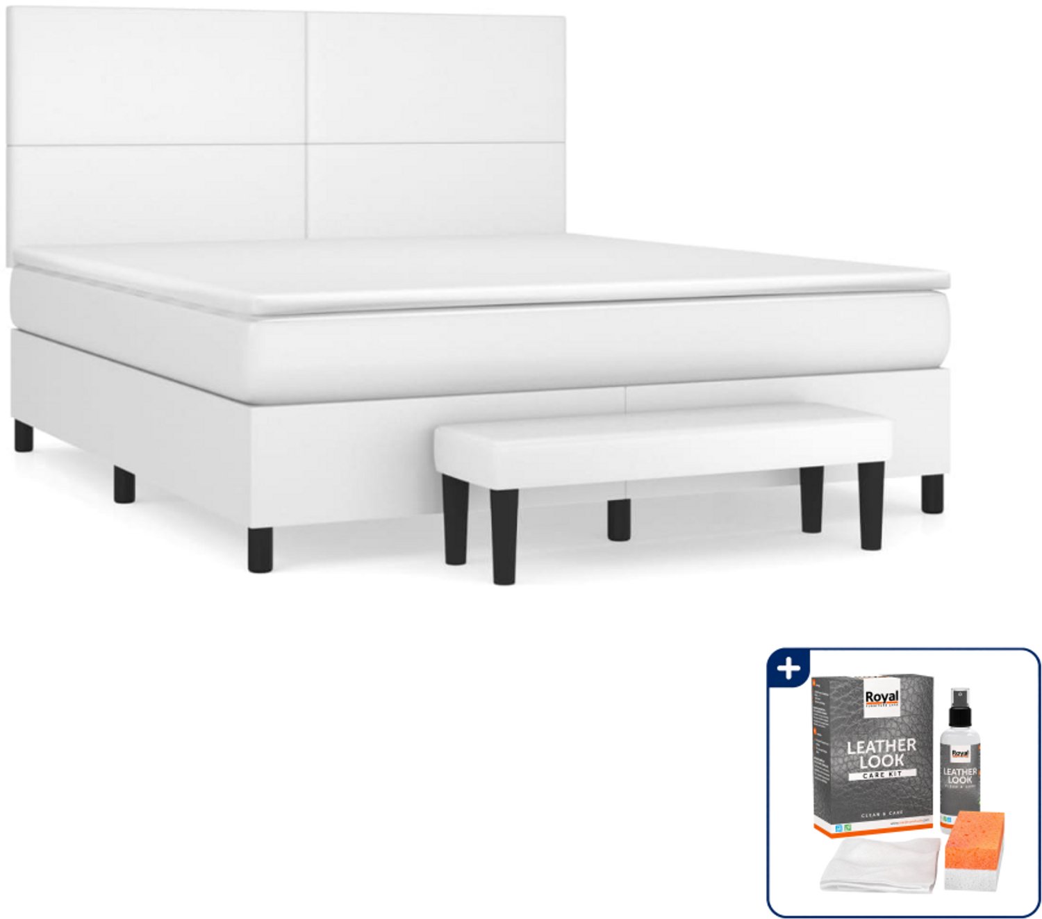 vidaXL Kingsize boxspring met matras en bankje - 180 x 200 cm - wit - Inclusief onderhoudsset voor kunstleer 150 ml