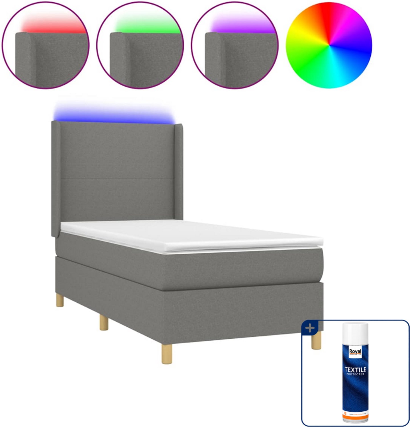 vidaXL boxspring met matras en LED - 90 x 200 cm - donkergrijs - Inclusief textielbeschermer 500 ml