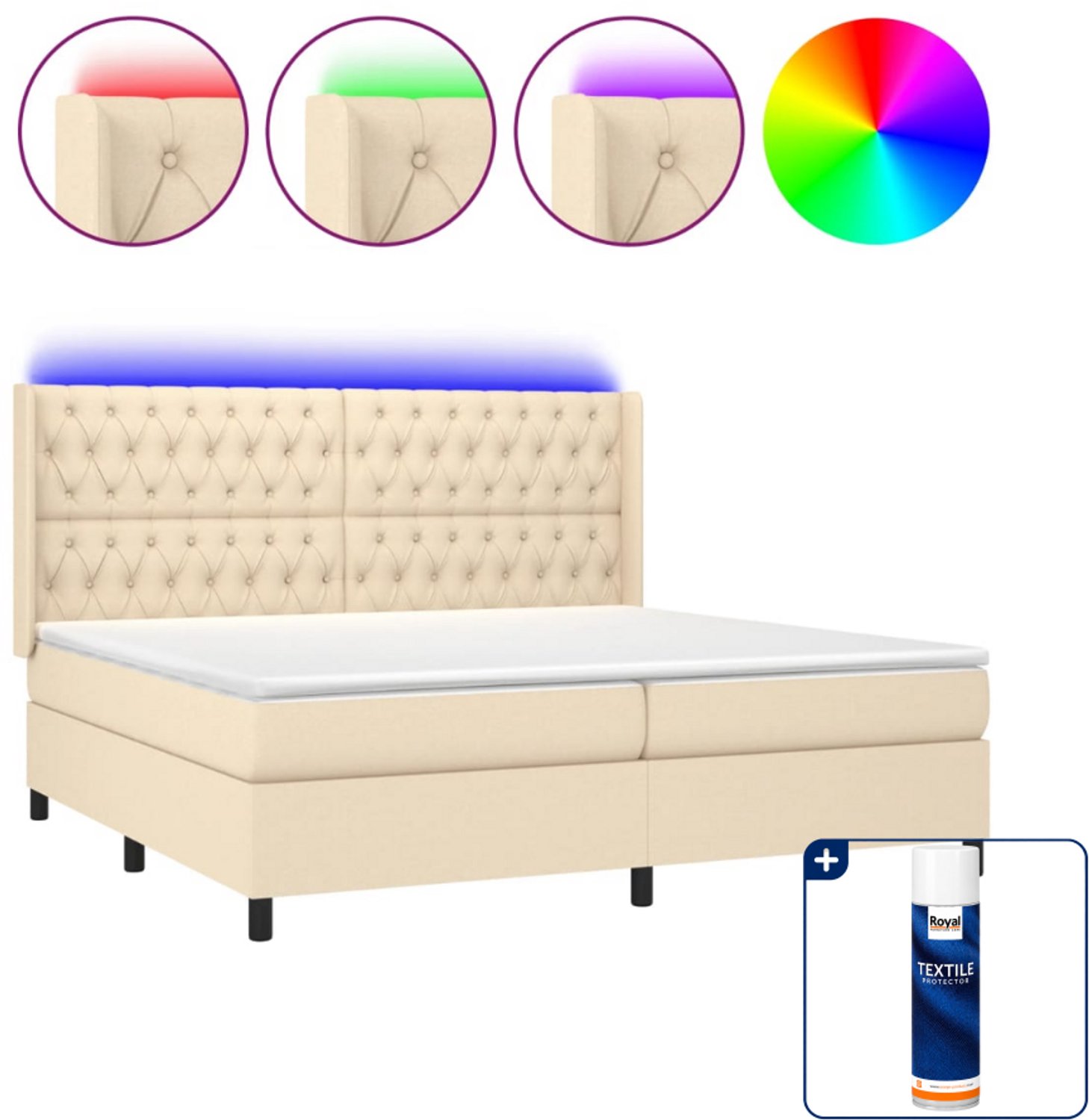 vidaXL boxspring met matras en LED - 200 x 200 cm - stof - crème - Inclusief textielbeschermer 500 ml