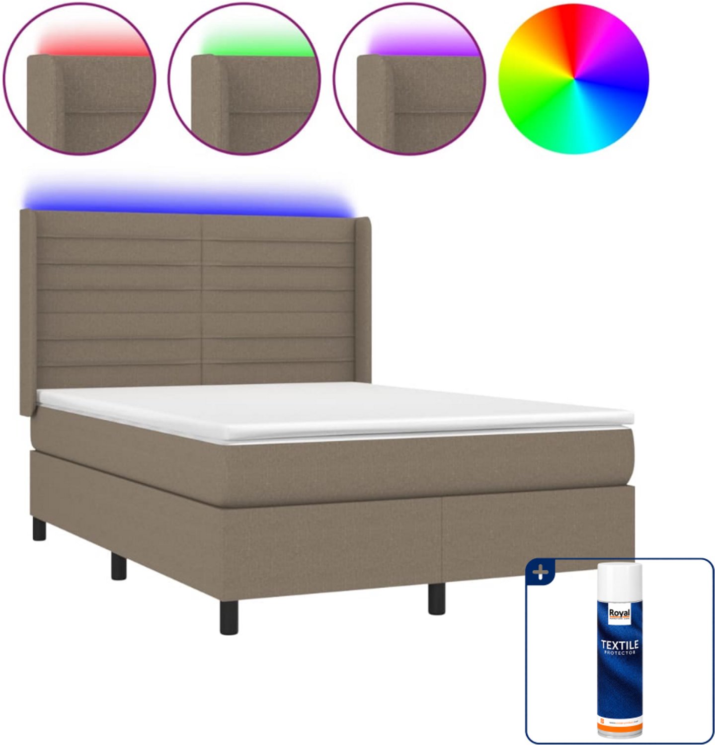 vidaXL boxspring met matras en LED - 140 x 190 cm - taupe - Inclusief textielbeschermer 500 ml