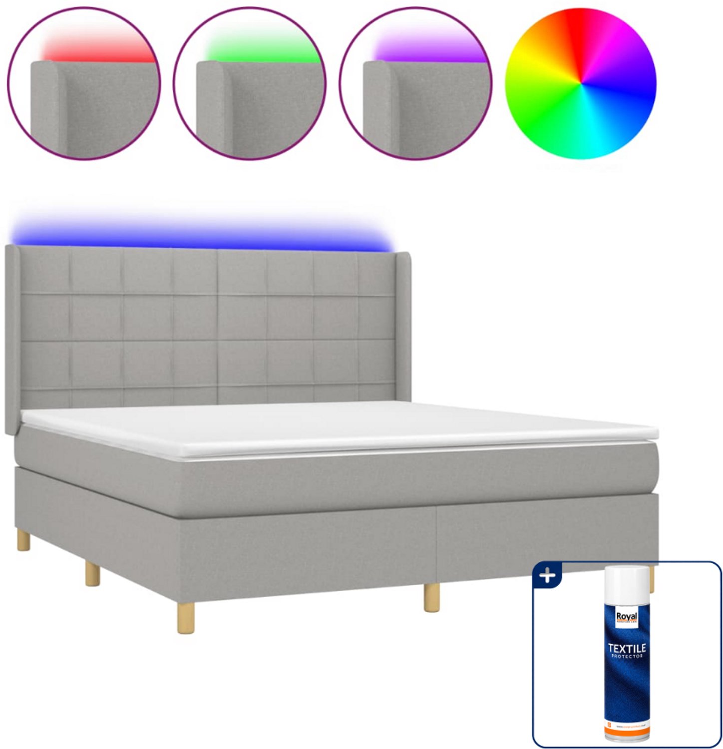 vidaXL boxspring met matras en LED - Queensize 160x200 cm - lichtgrijs - Inclusief textielbeschermer 500 ml