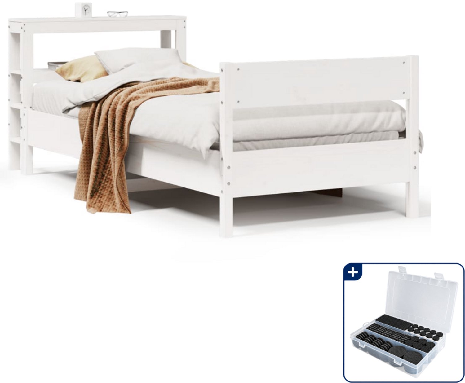 vidaXL bedframe - 75 x 190 cm - massief grenenhout - wit - Inclusief antikrasvilt 177-delig
