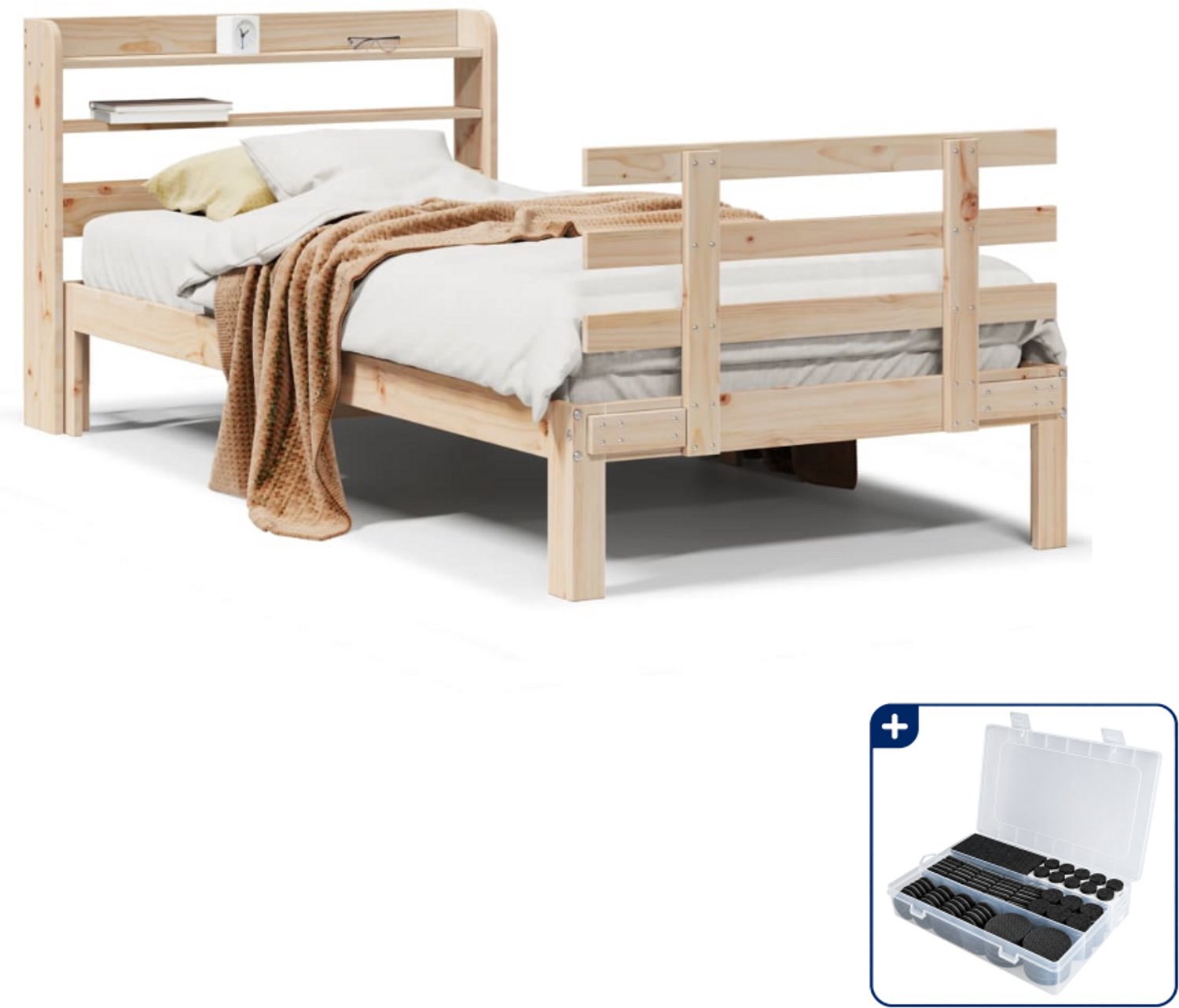 vidaXL bedframe met hoofdbord - 100 x 200 cm - massief grenenhout - Inclusief antikrasvilt 177-delig Bruin