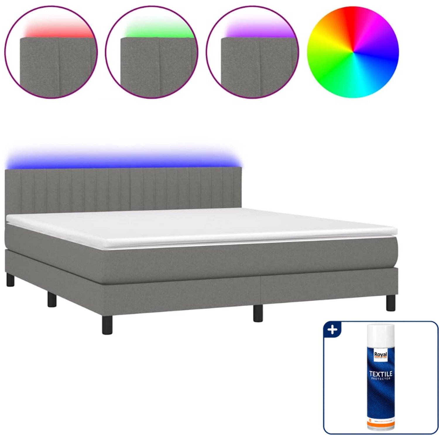 vidaXL boxspring met matras en LED - Kingsize - 180x200 cm - donkergrijs - Inclusief textielbeschermer 500 ml