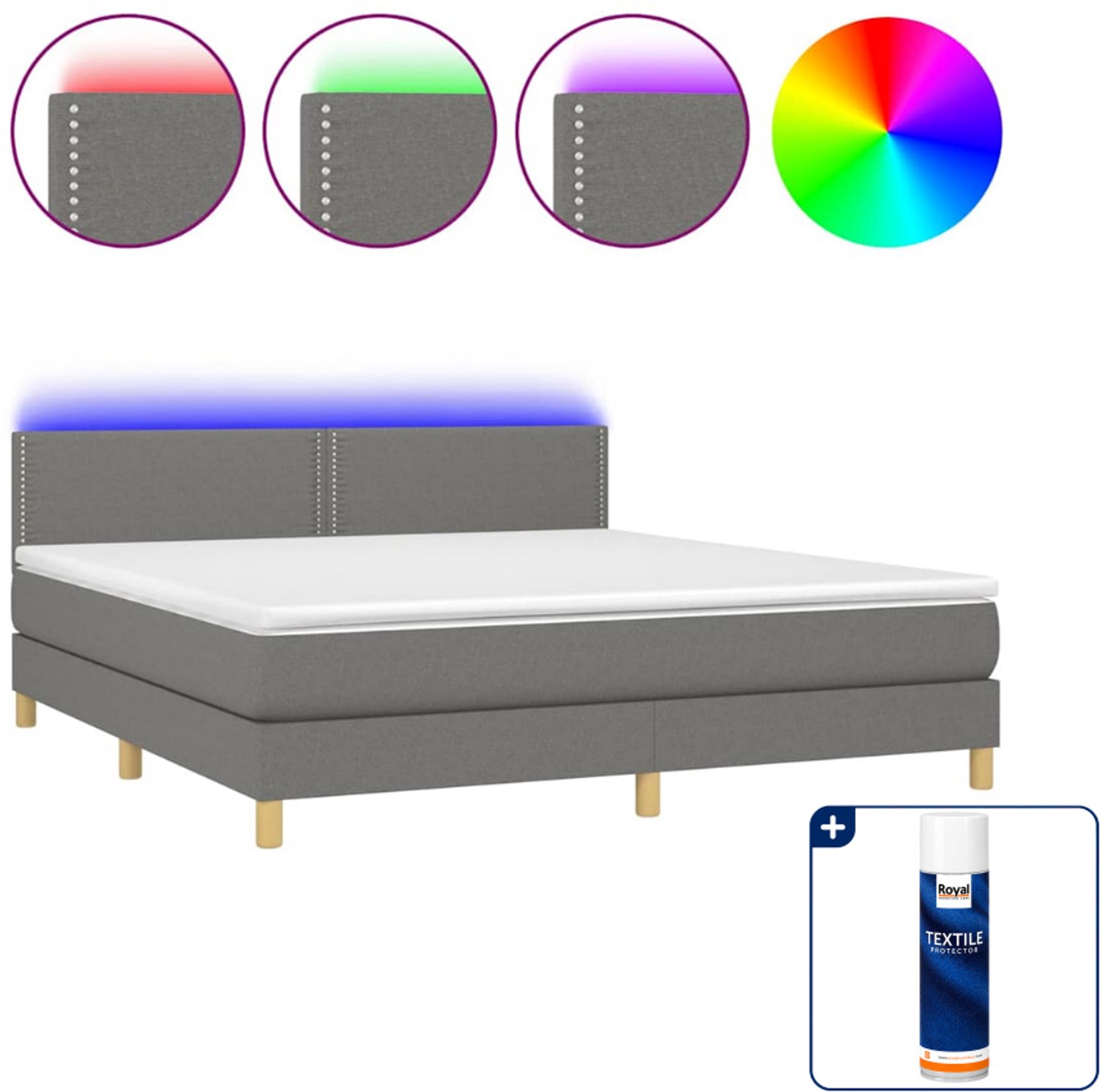 vidaXL Kingsize boxspring met matras en LED - 180 x 200 cm - donkergrijs - Inclusief textielbeschermer 500 ml