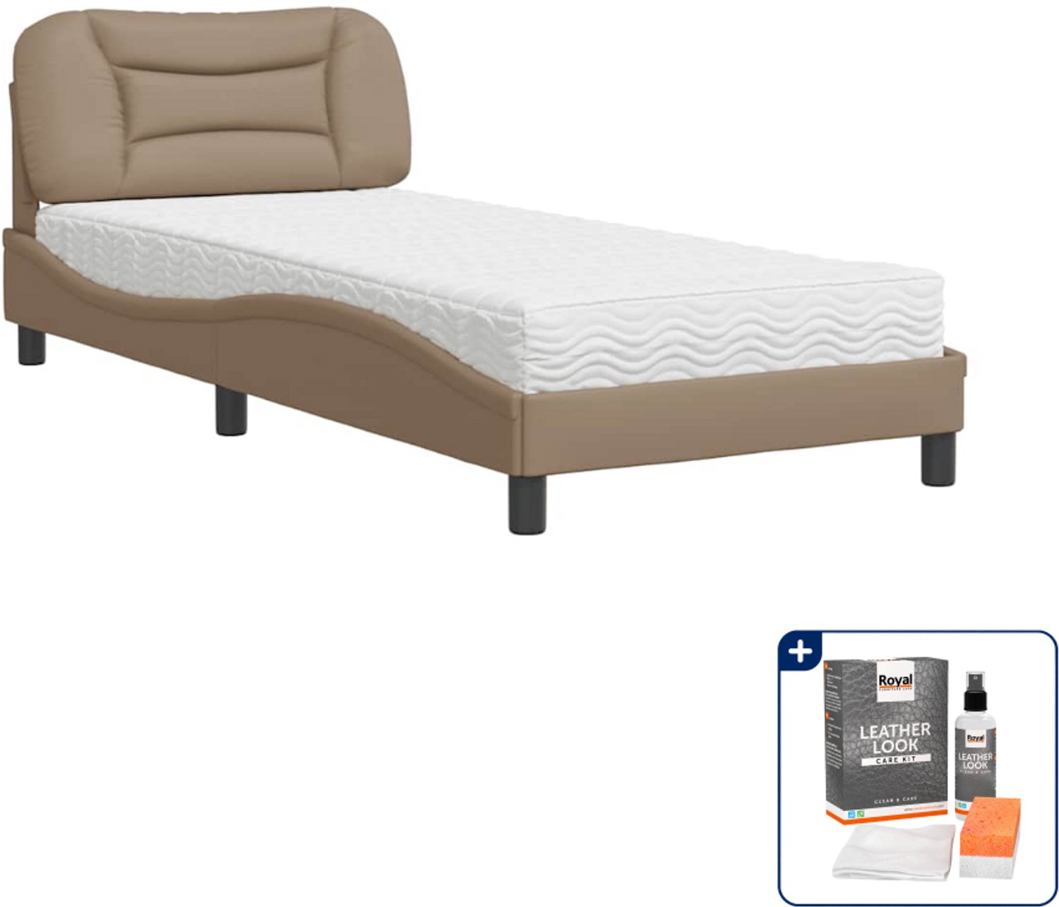 vidaXL Hvar bed met matras - 90 x 200 cm - kunstleer - cappuccino - Inclusief onderhoudsset voor kunstleer 150 ml Grijs