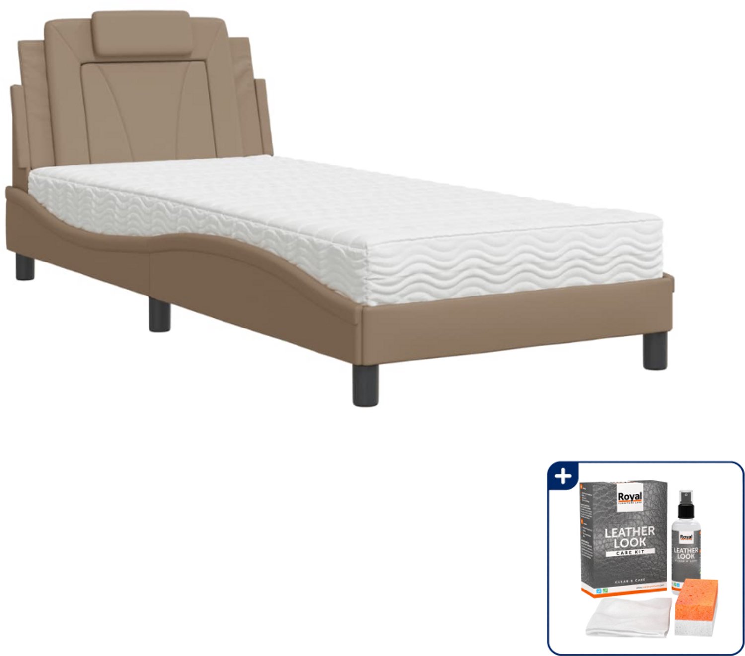 vidaXL Viana bed met matras - 90 x 200 cm - kunstleer - cappuccino - Inclusief onderhoudsset voor kunstleer 150 ml Grijs