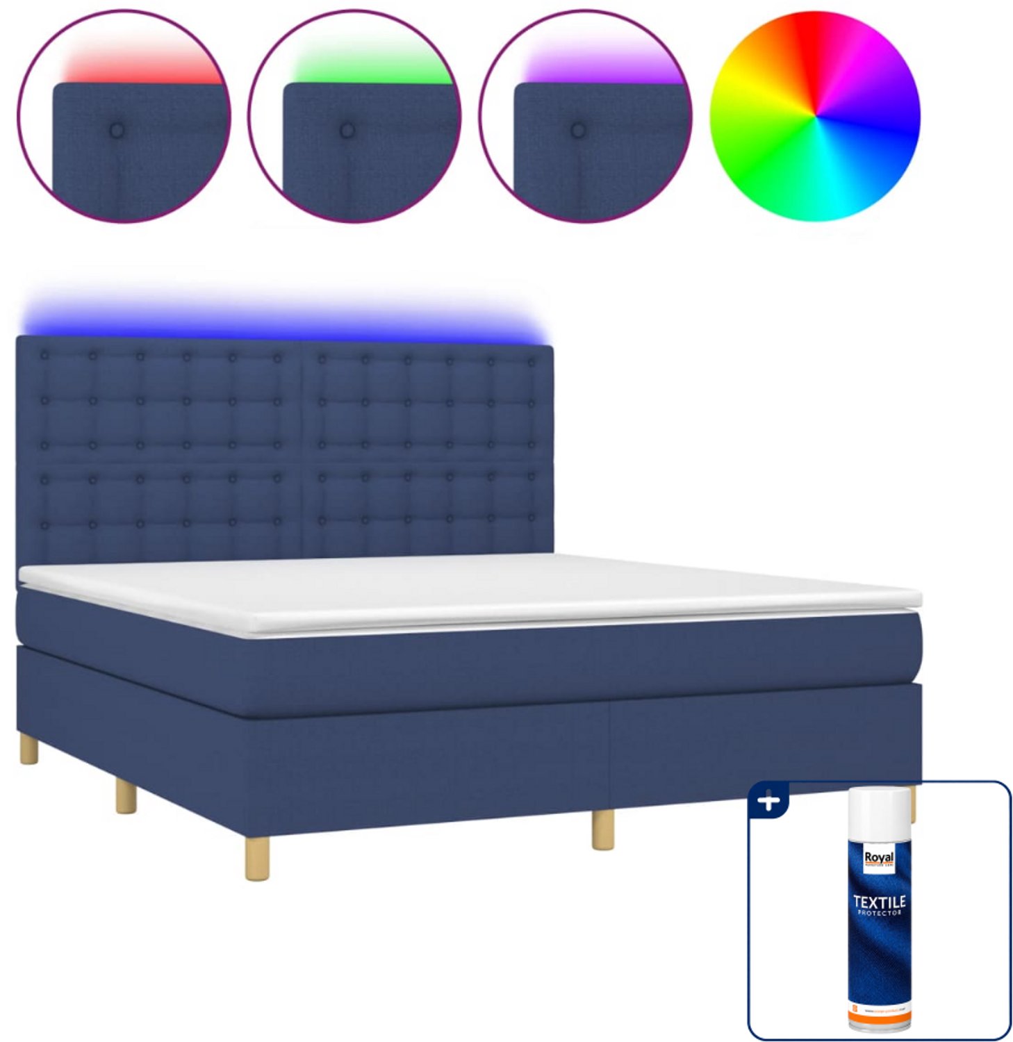 vidaXL Kingsize boxspring met matras en LED - 180 x 200 cm - blauw - Inclusief textielbeschermer 500 ml