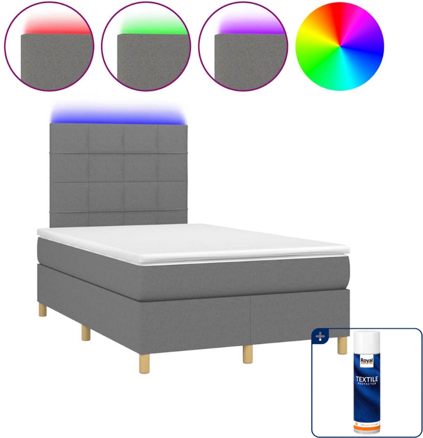 vidaXL boxspring met matras en LED - 120 x 200 cm - donkergrijs - Inclusief textielbeschermer 500 ml