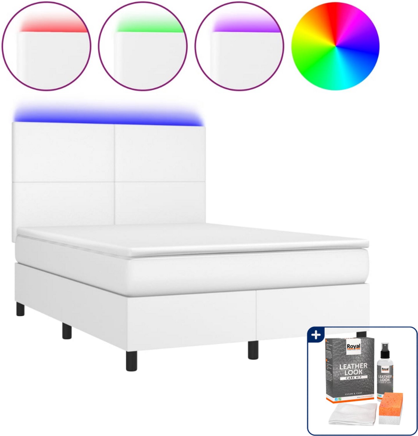 vidaXL boxspring met matras en led - 140 x 190 cm - wit - Inclusief onderhoudsset voor kunstleer 150 ml